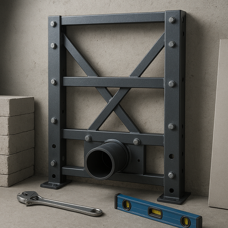 Close-up of aviation-grade steel carrier frame with 8-point anchoring system for wall-hung toilet